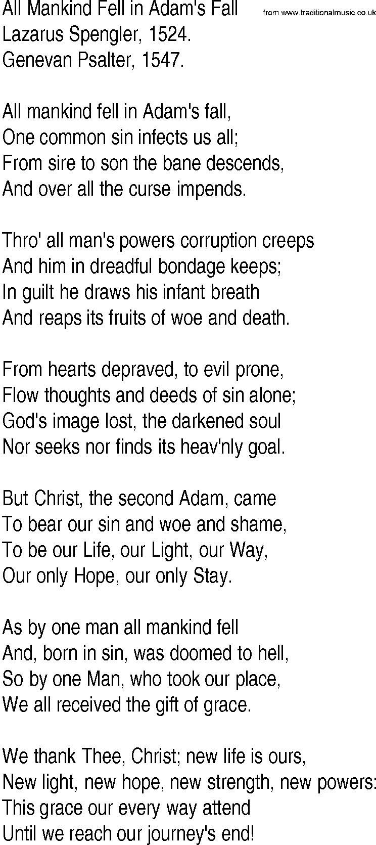 Hymn and Gospel Song: All Mankind Fell in Adam's Fall by Lazarus Spengler lyrics
