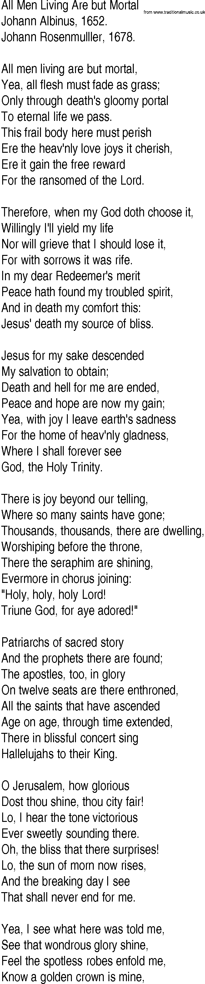 Hymn and Gospel Song: All Men Living Are but Mortal by Johann Albinus lyrics