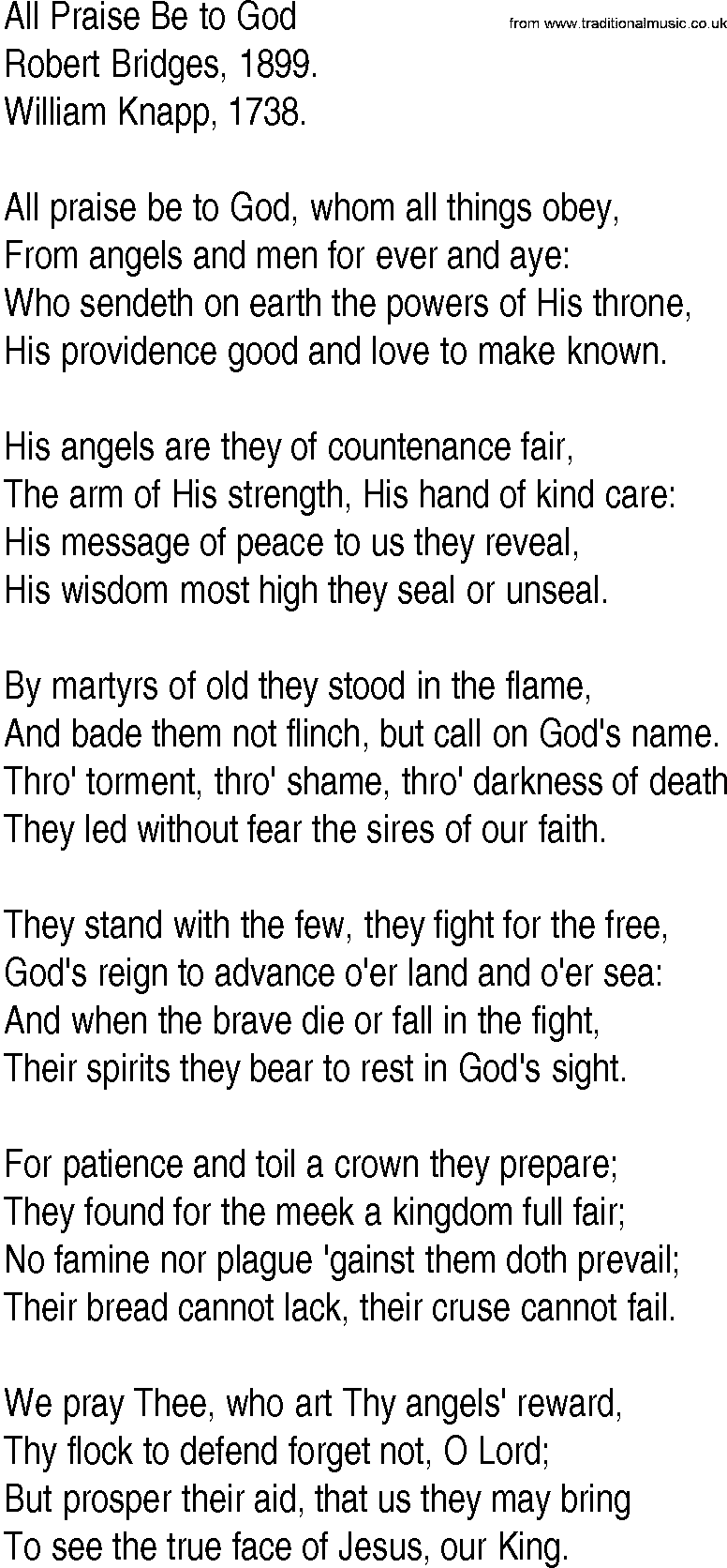 Hymn and Gospel Song: All Praise Be to God by Robert Bridges lyrics