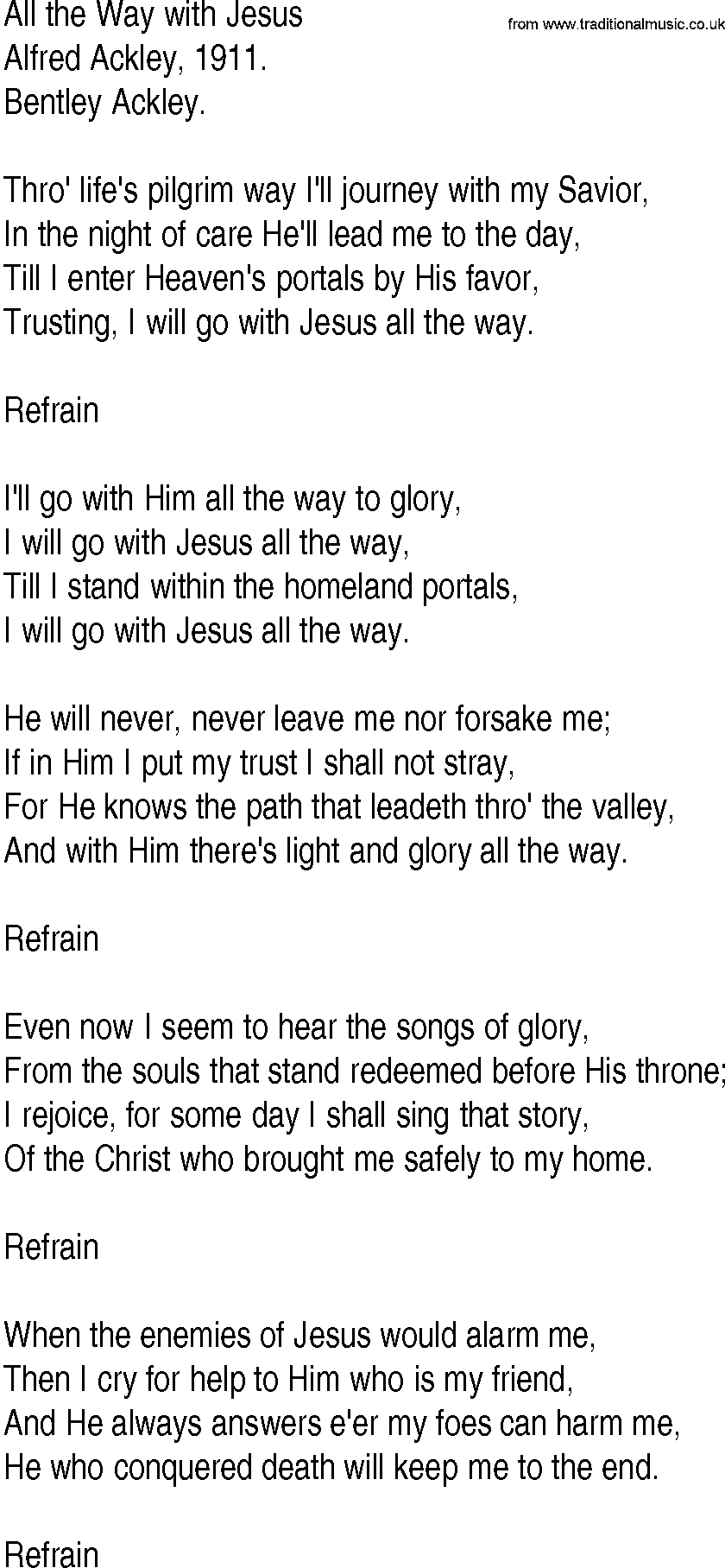 Hymn and Gospel Song: All the Way with Jesus by Alfred Ackley lyrics