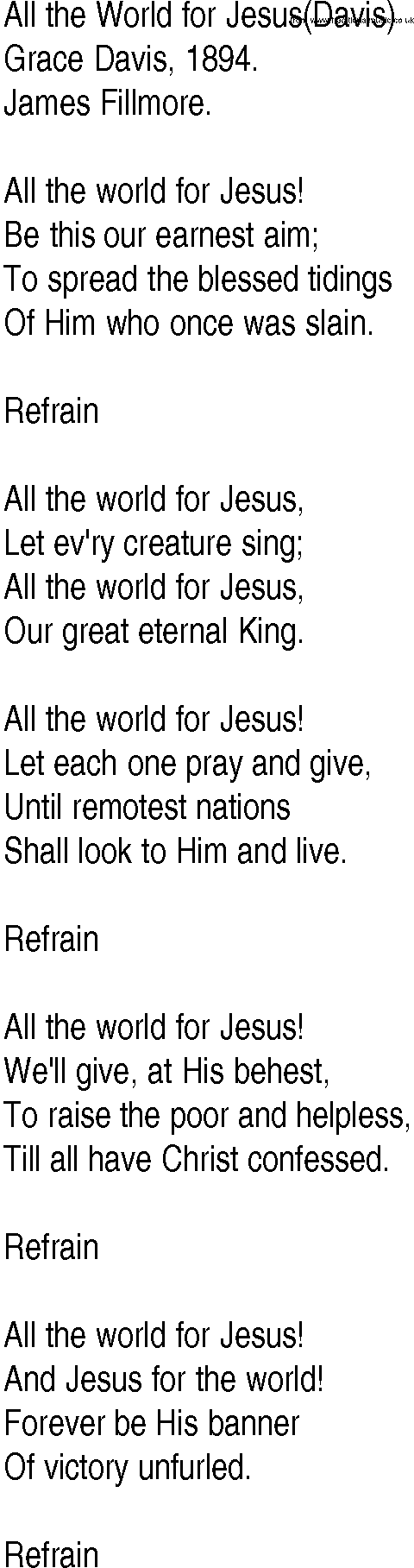 Hymn and Gospel Song: All the World for Jesus(Davis) by Grace Davis lyrics