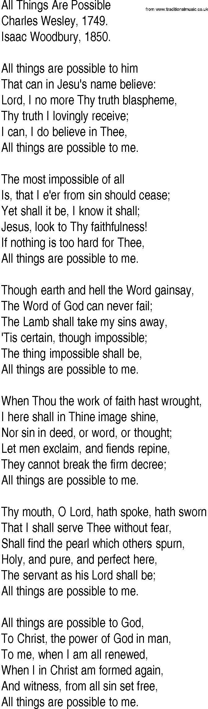 Hymn and Gospel Song: All Things Are Possible by Charles Wesley lyrics