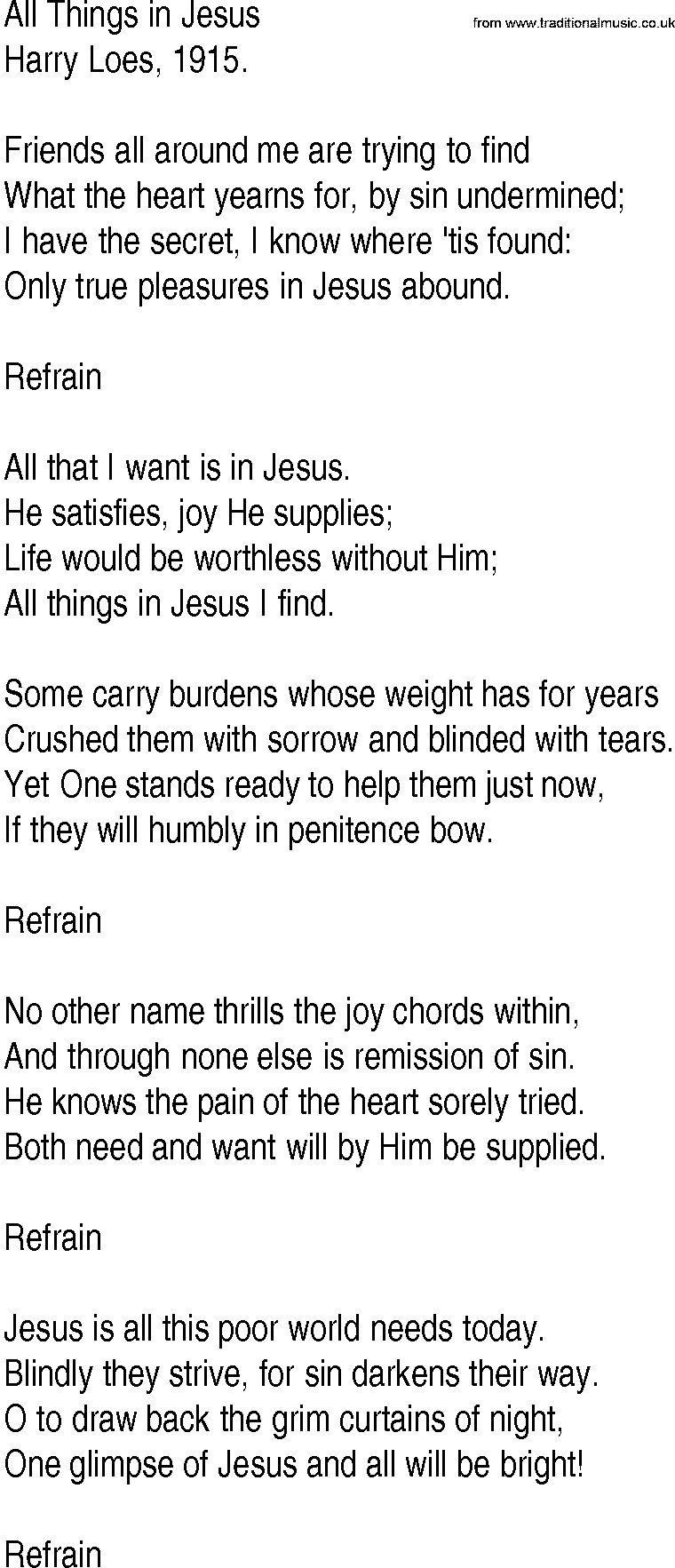 Hymn and Gospel Song: All Things in Jesus by Harry Loes lyrics