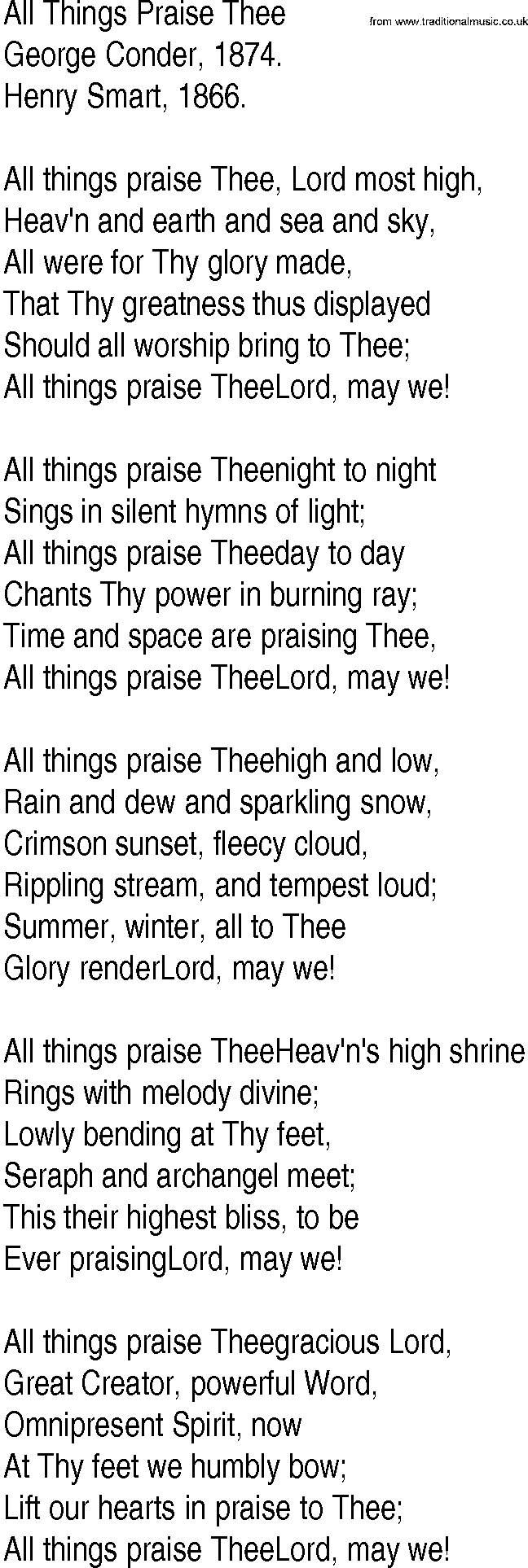 Hymn and Gospel Song: All Things Praise Thee by George Conder lyrics