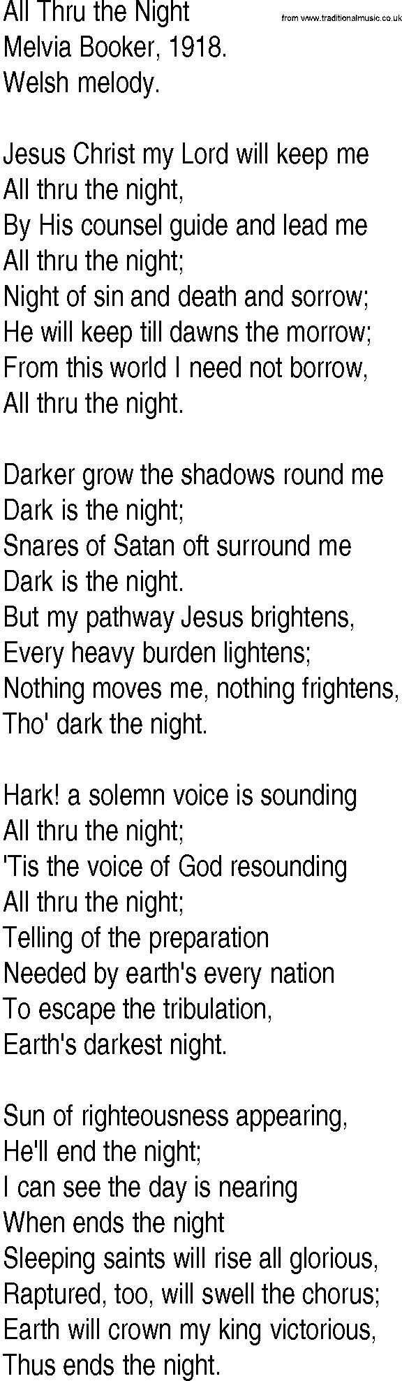 Hymn and Gospel Song: All Thru the Night by Melvia Booker lyrics