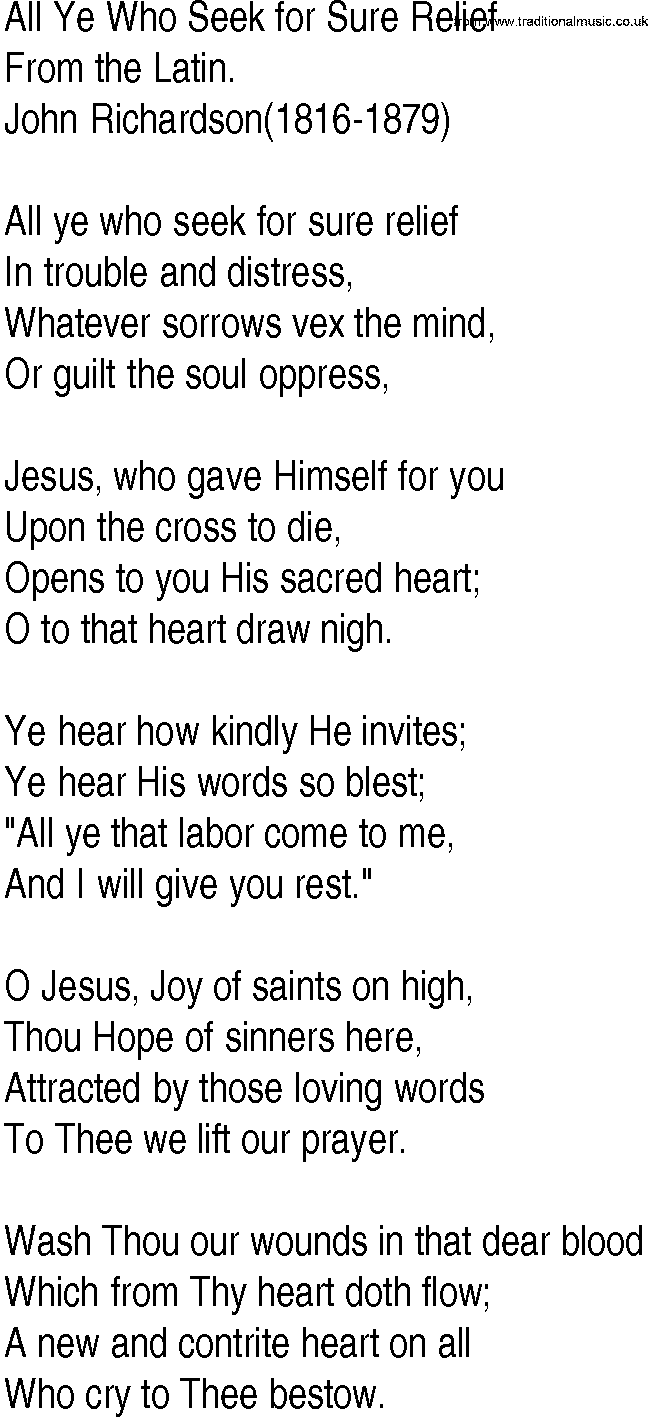 Hymn and Gospel Song: All Ye Who Seek for Sure Relief by From the Latin lyrics