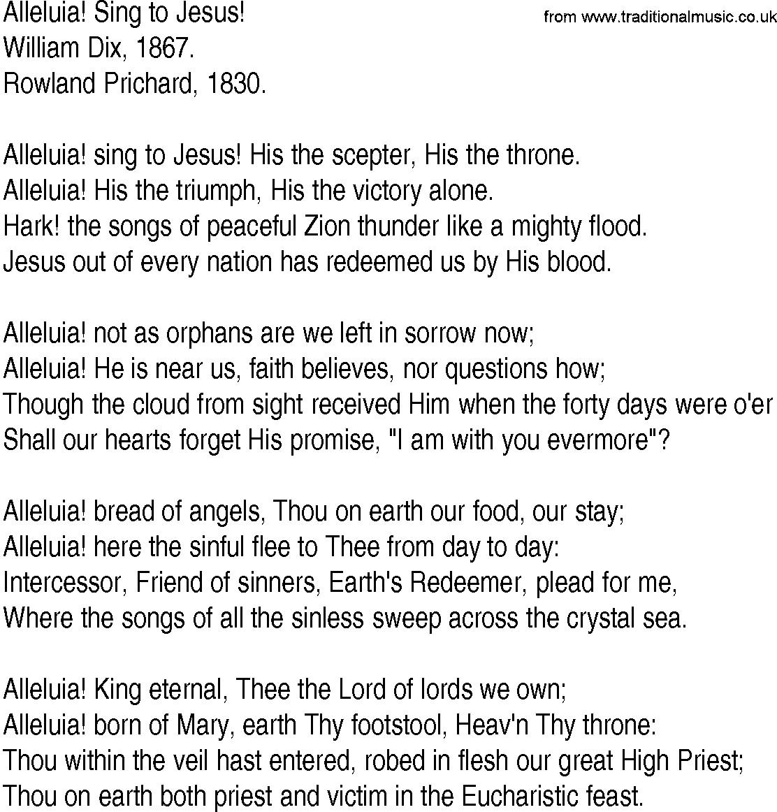 Hymn and Gospel Song: Alleluia! Sing to Jesus! by William Dix lyrics