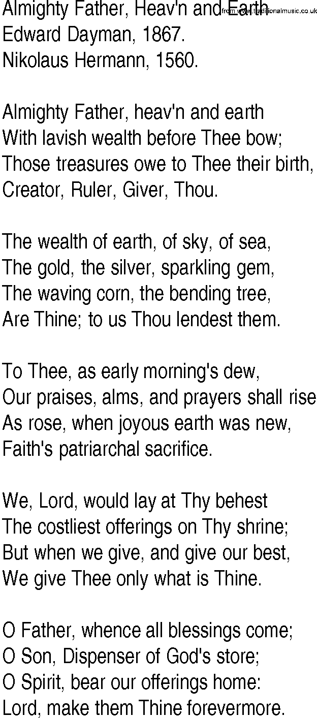 Hymn and Gospel Song: Almighty Father, Heav'n and Earth by Edward Dayman lyrics