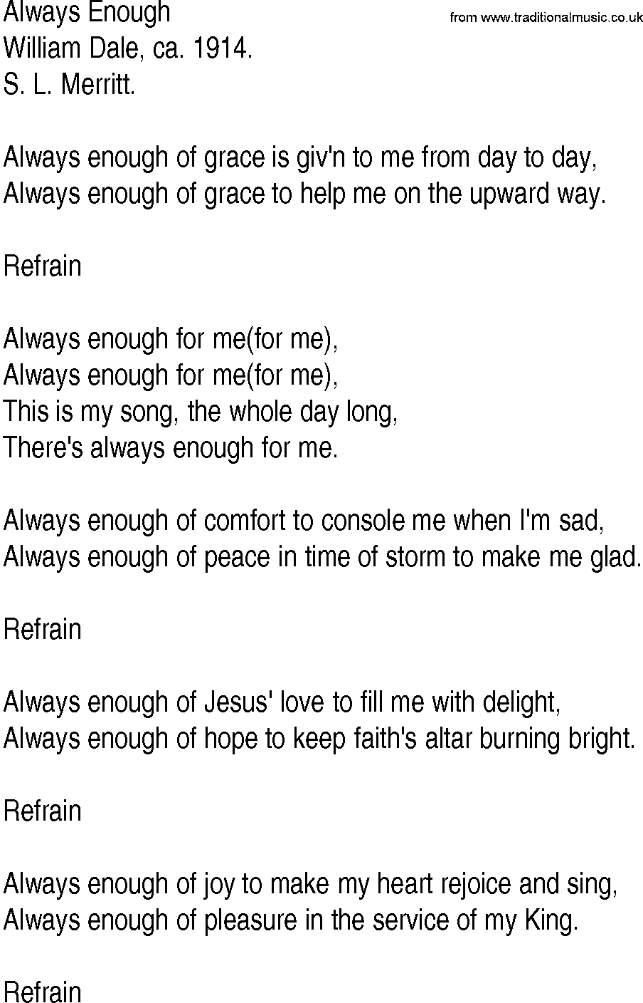 Hymn and Gospel Song: Always Enough by William Dale ca lyrics
