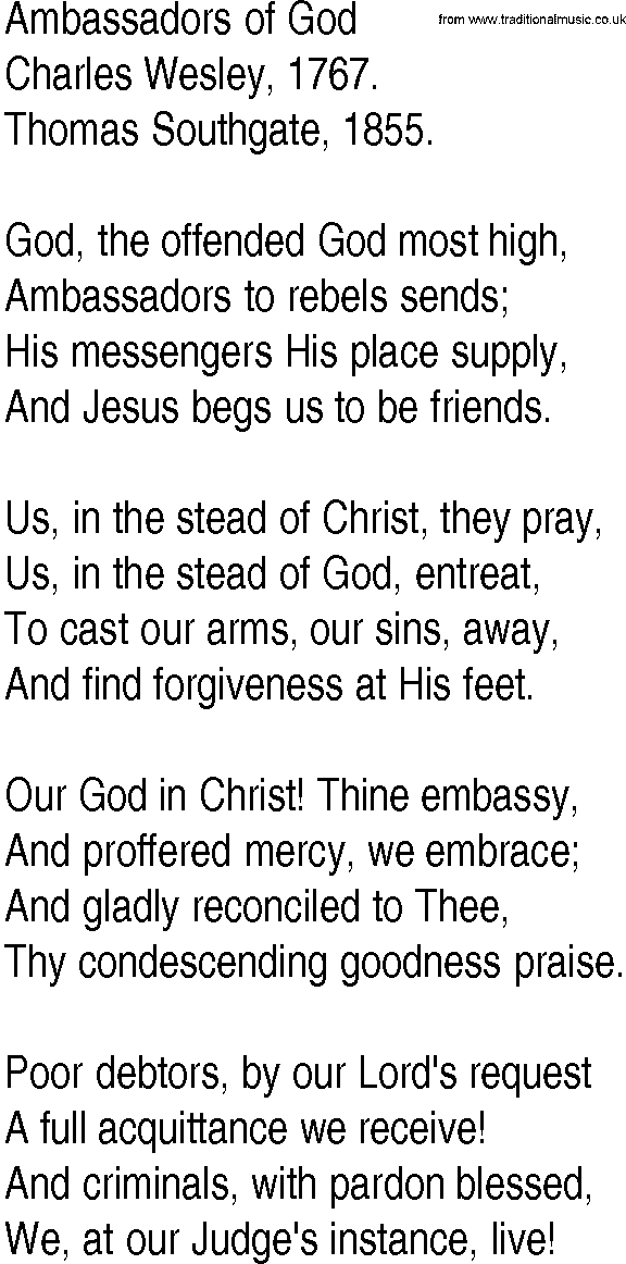 Hymn and Gospel Song: Ambassadors of God by Charles Wesley lyrics