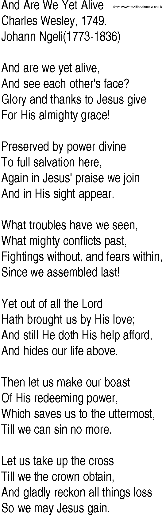 Hymn and Gospel Song: And Are We Yet Alive by Charles Wesley lyrics