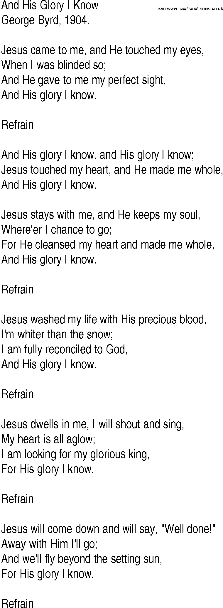 Hymn and Gospel Song: And His Glory I Know by George Byrd lyrics