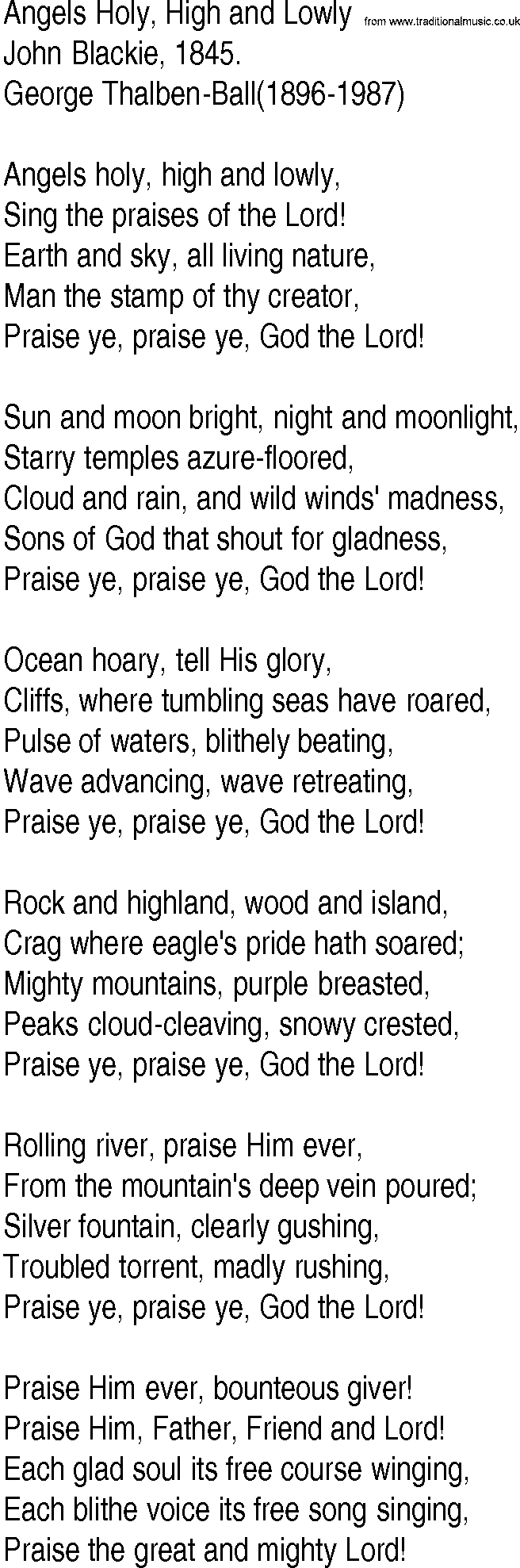 Hymn and Gospel Song: Angels Holy, High and Lowly by John Blackie lyrics