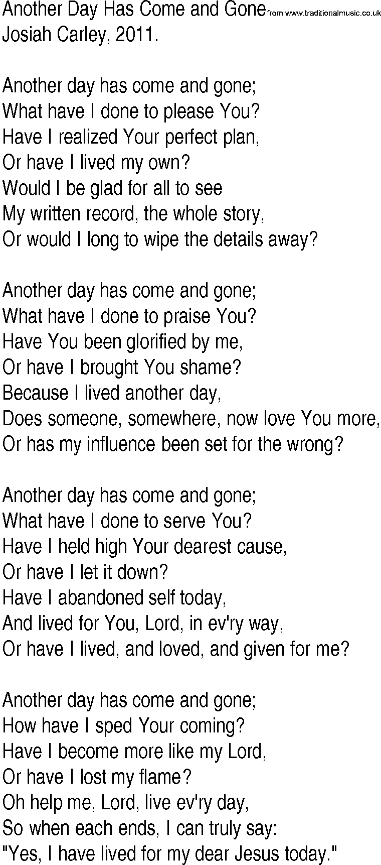 Hymn and Gospel Song: Another Day Has Come and Gone by Josiah Carley lyrics
