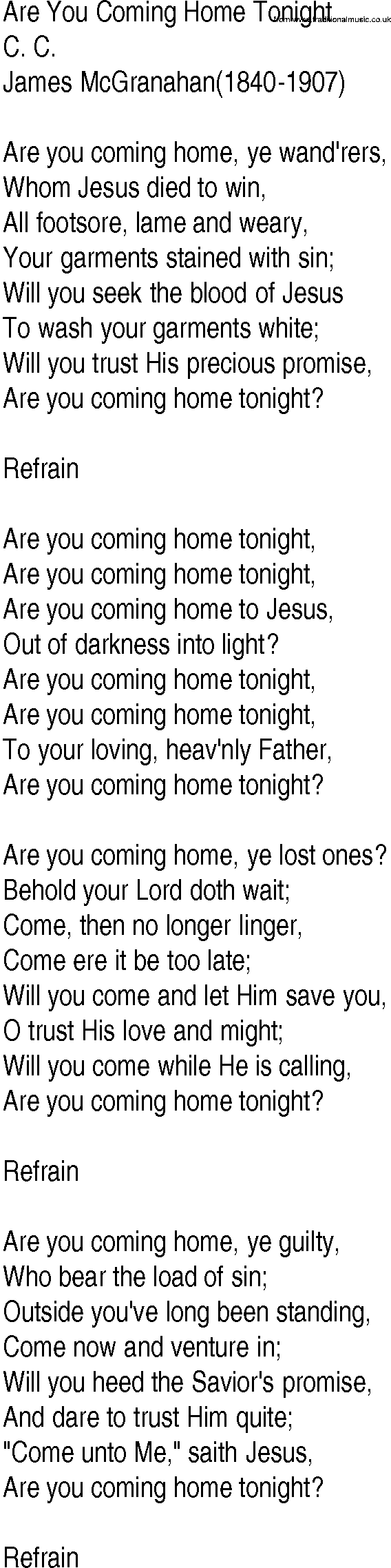 Hymn and Gospel Song: Are You Coming Home Tonight by C C lyrics