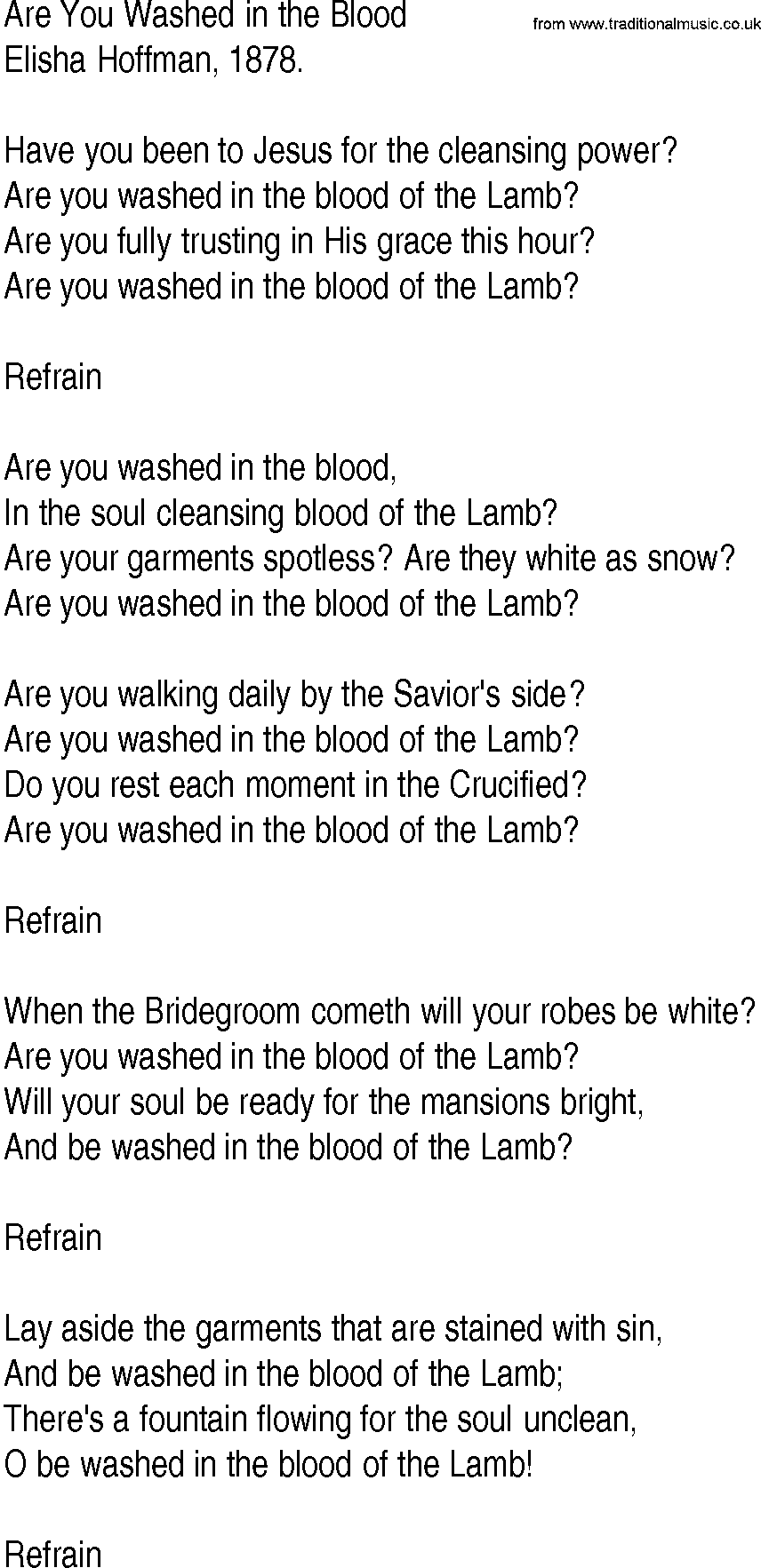 Hymn and Gospel Song: Are You Washed in the Blood by Elisha Hoffman lyrics