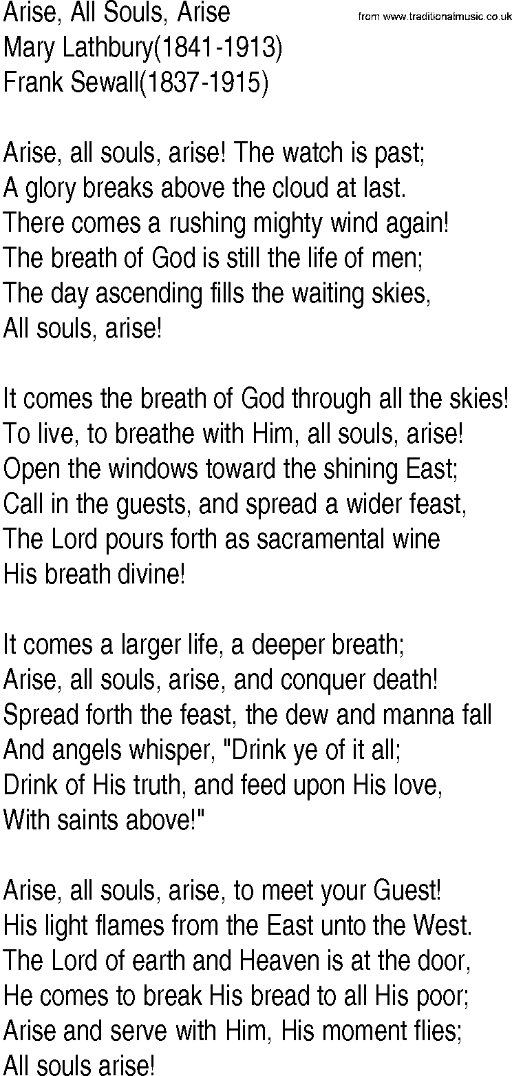 Hymn and Gospel Song: Arise, All Souls, Arise by Mary Lathbury lyrics