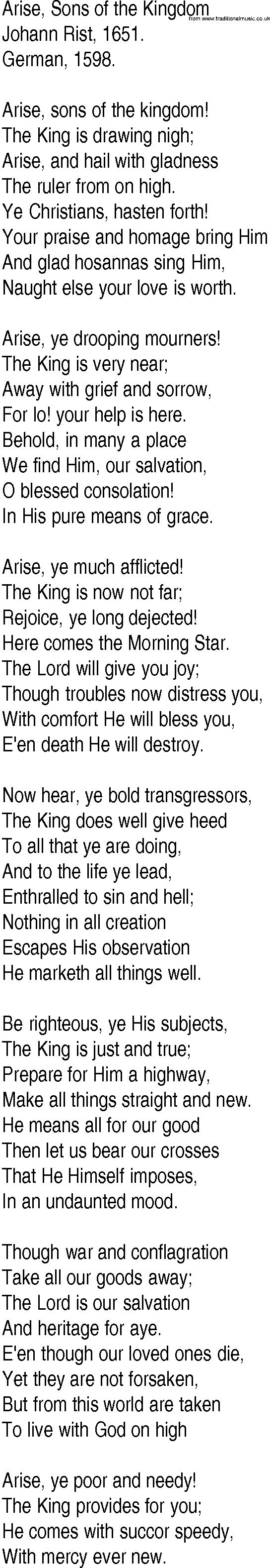 Hymn and Gospel Song: Arise, Sons of the Kingdom by Johann Rist lyrics