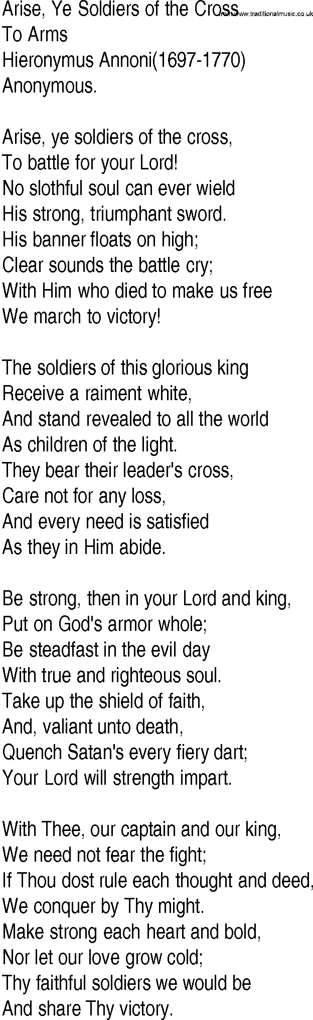 Hymn and Gospel Song: Arise, Ye Soldiers of the Cross by Hieronymus Annoni lyrics