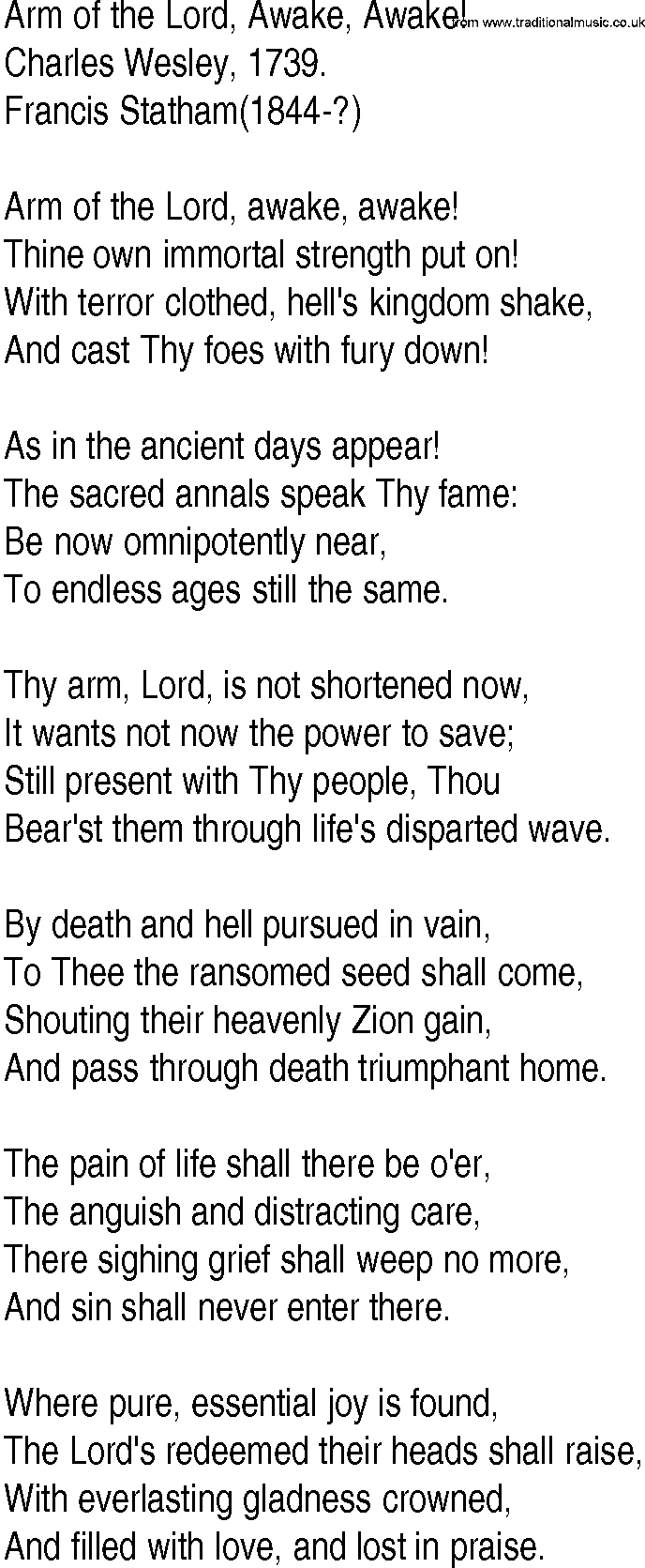 Hymn and Gospel Song: Arm of the Lord, Awake, Awake! by Charles Wesley lyrics