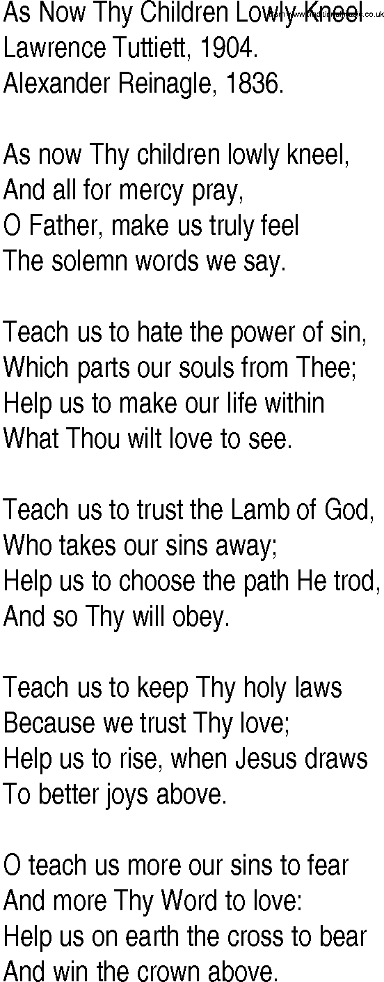 Hymn and Gospel Song: As Now Thy Children Lowly Kneel by Lawrence Tuttiett lyrics