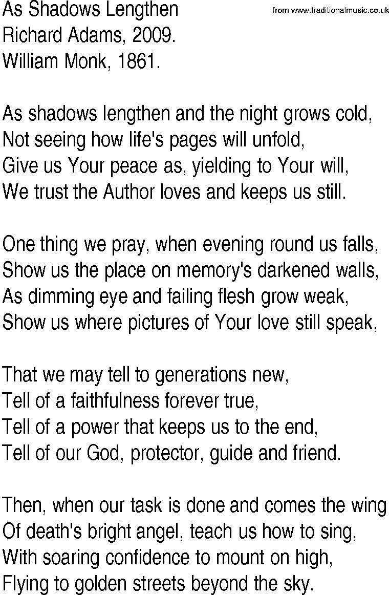 Hymn and Gospel Song: As Shadows Lengthen by Richard Adams lyrics