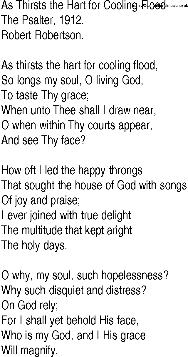 Hymn and Gospel Song: As Thirsts the Hart for Cooling Flood by The Psalter lyrics