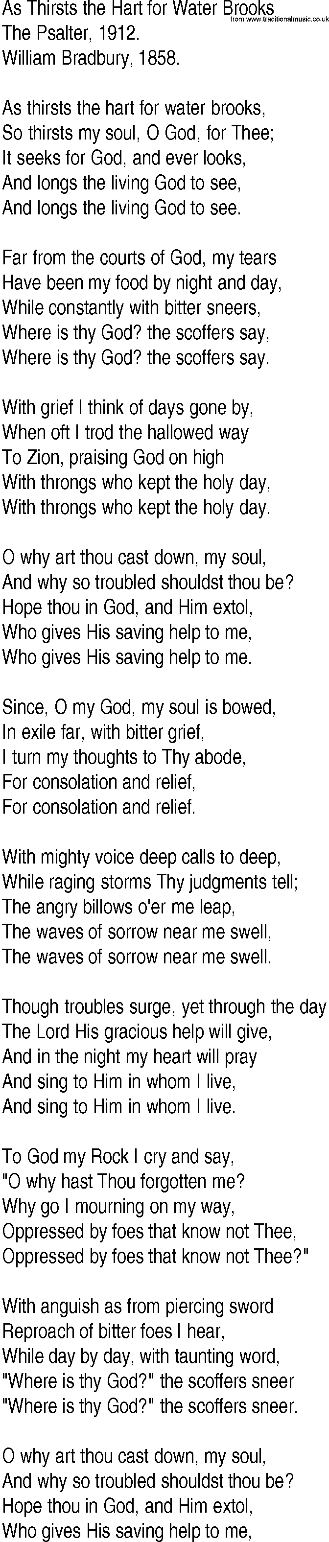 Hymn and Gospel Song: As Thirsts the Hart for Water Brooks by The Psalter lyrics
