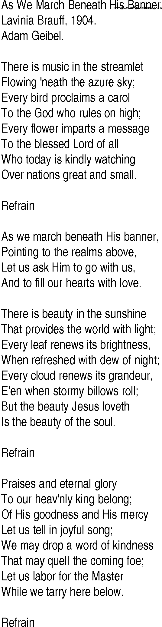 Hymn and Gospel Song: As We March Beneath His Banner by Lavinia Brauff lyrics