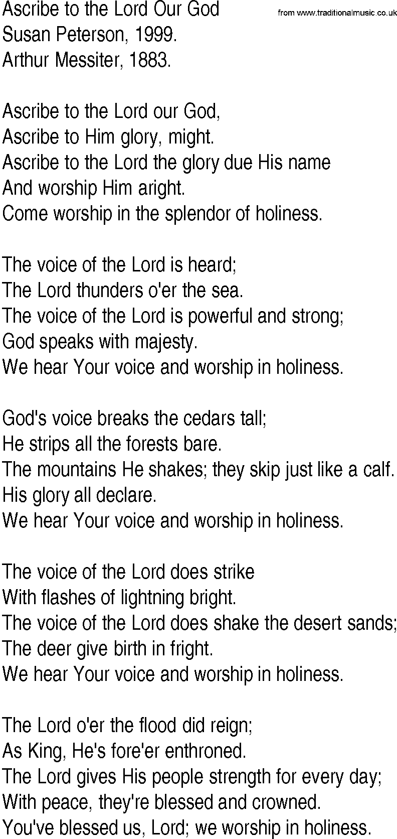 Hymn and Gospel Song: Ascribe to the Lord Our God by Susan Peterson lyrics