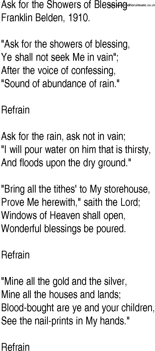 Hymn and Gospel Song: Ask for the Showers of Blessing by Franklin Belden lyrics