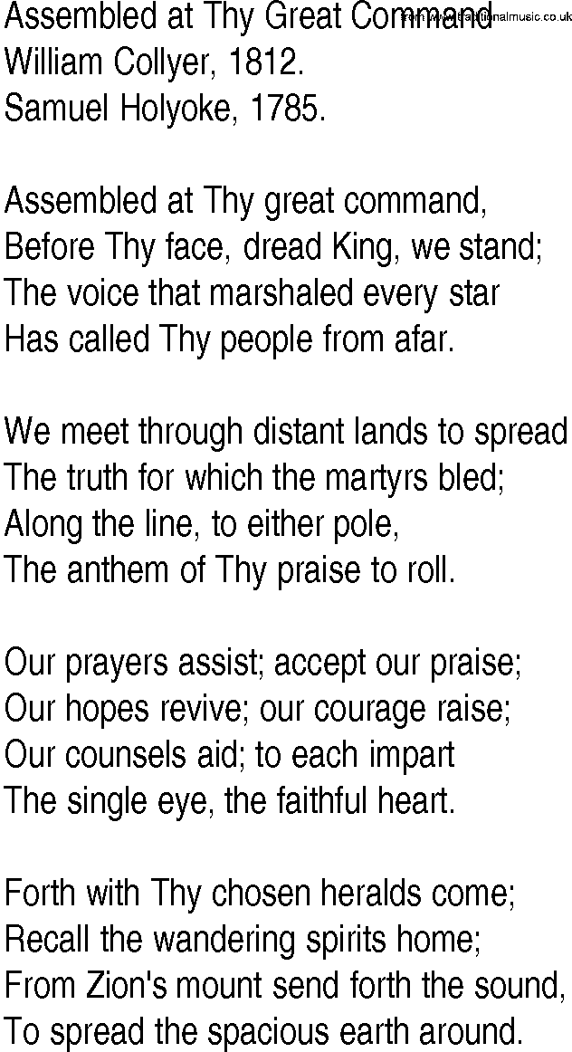 Hymn and Gospel Song: Assembled at Thy Great Command by William Collyer lyrics
