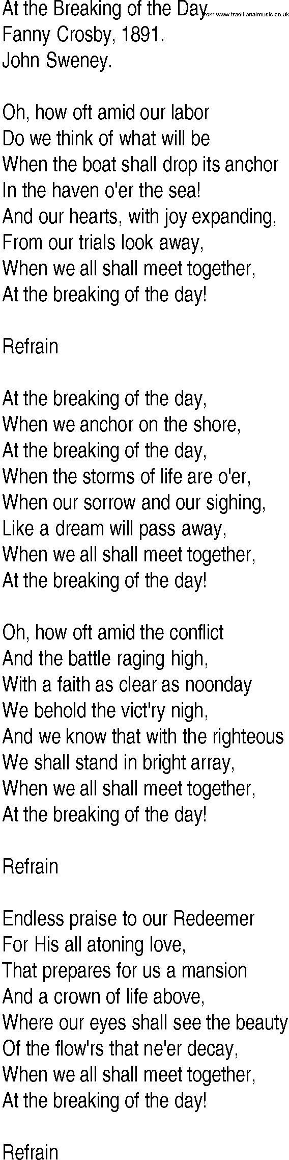 Hymn and Gospel Song: At the Breaking of the Day by Fanny Crosby lyrics