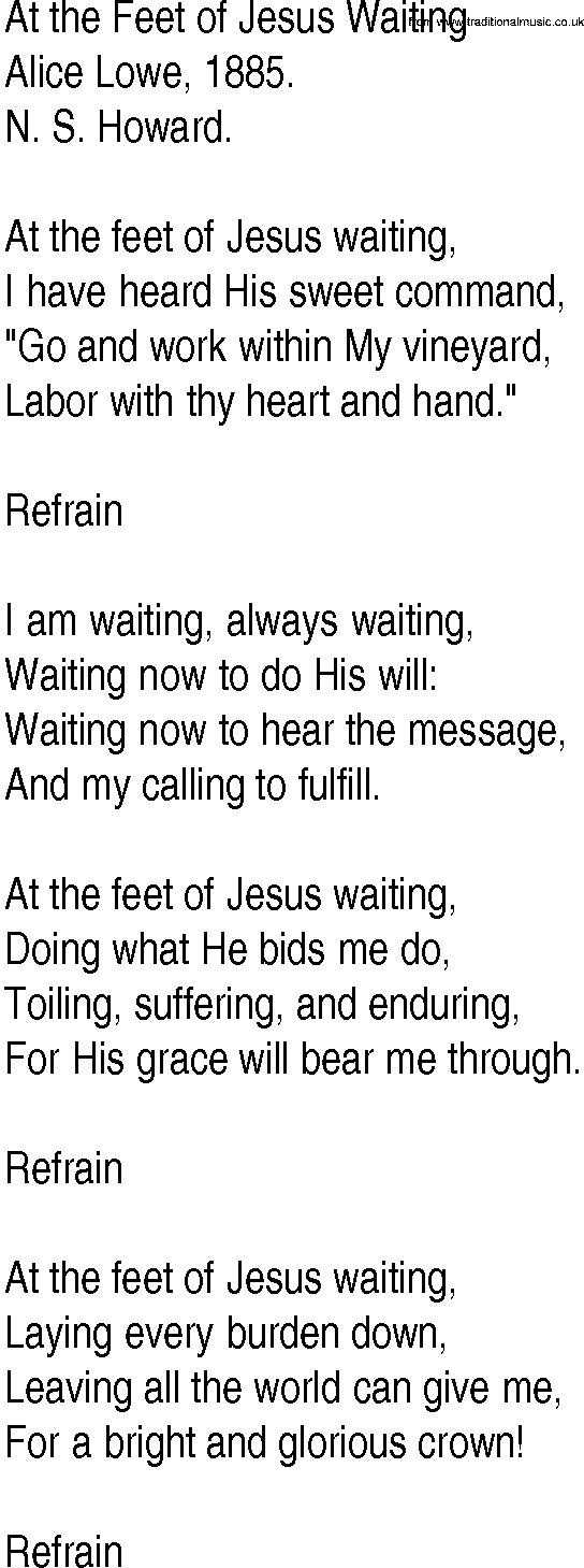 Hymn and Gospel Song: At the Feet of Jesus Waiting by Alice Lowe lyrics