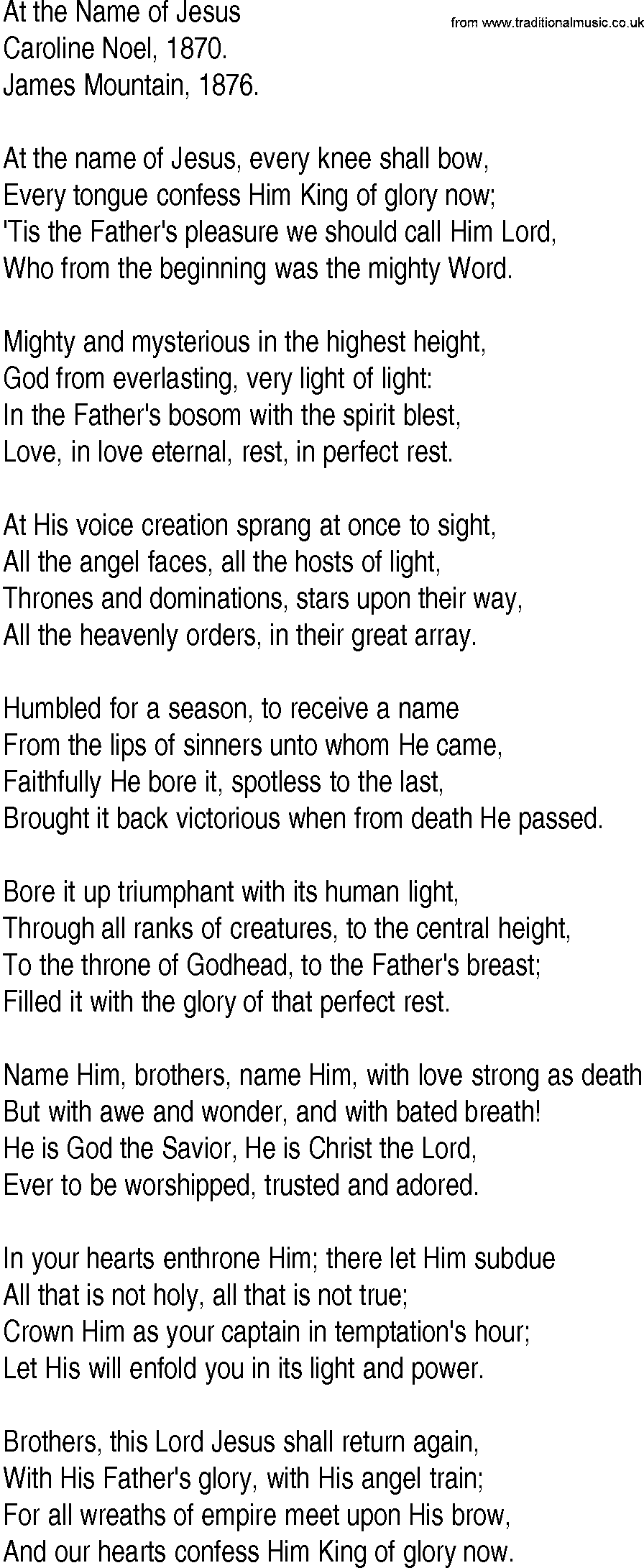 Hymn and Gospel Song: At the Name of Jesus by Caroline Noel lyrics