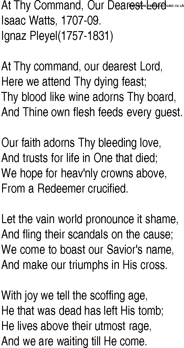 Hymn and Gospel Song: At Thy Command, Our Dearest Lord by Isaac Watts lyrics