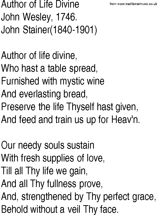 Hymn and Gospel Song: Author of Life Divine by John Wesley lyrics