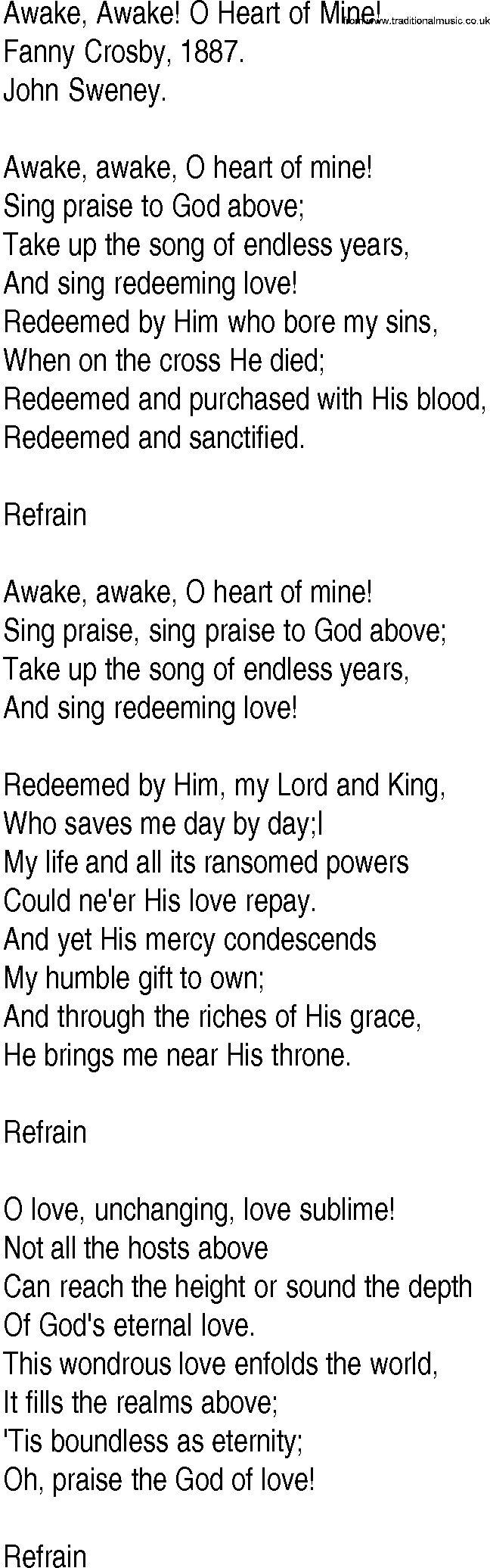 Hymn and Gospel Song: Awake, Awake! O Heart of Mine! by Fanny Crosby lyrics
