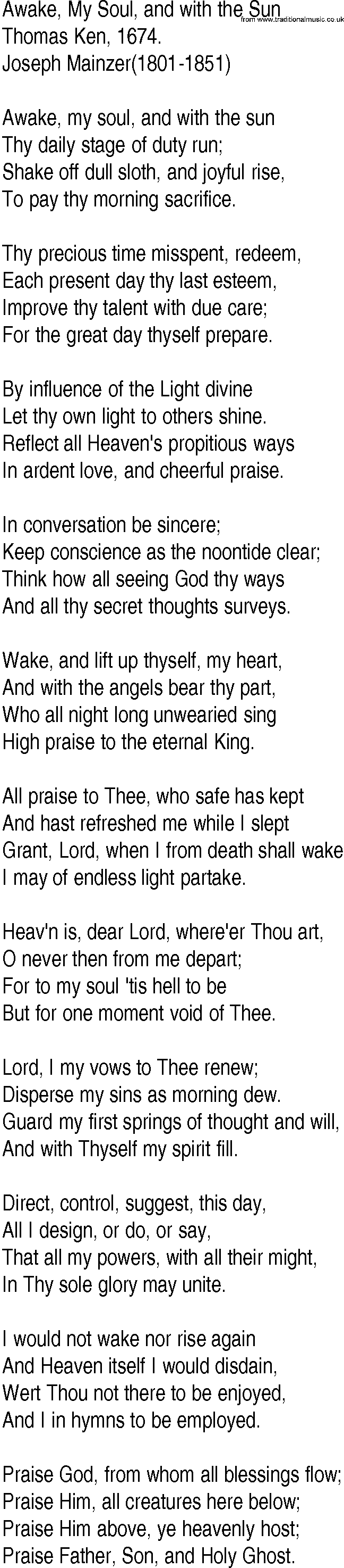 Hymn and Gospel Song: Awake, My Soul, and with the Sun by Thomas Ken lyrics