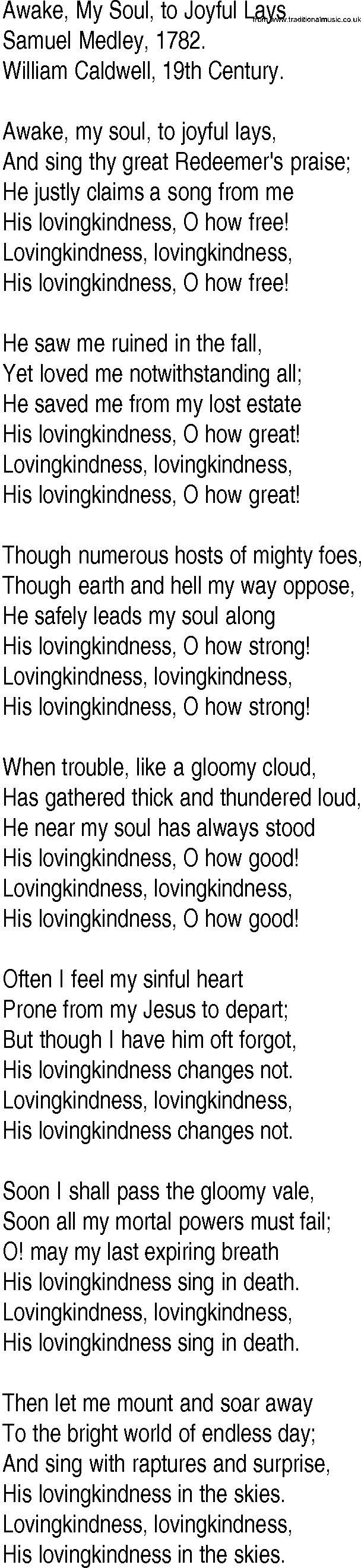 Hymn and Gospel Song: Awake, My Soul, to Joyful Lays by Samuel Medley lyrics