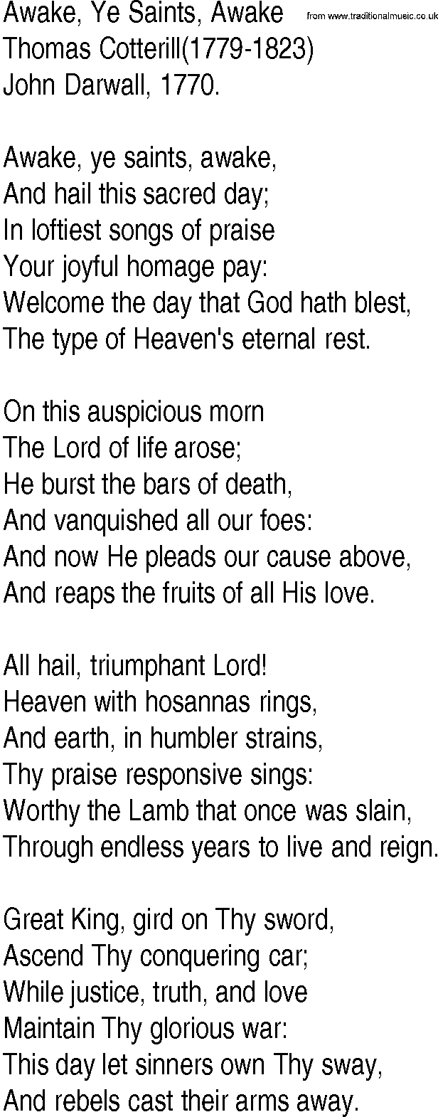 Hymn and Gospel Song: Awake, Ye Saints, Awake by Thomas Cotterill lyrics