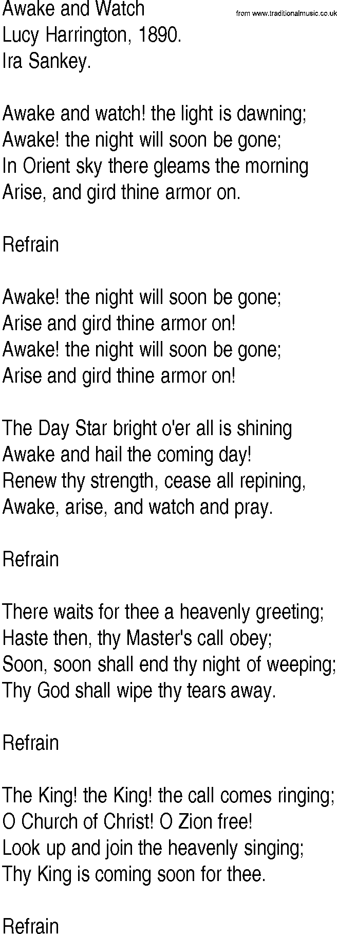 Hymn and Gospel Song: Awake and Watch by Lucy Harrington lyrics