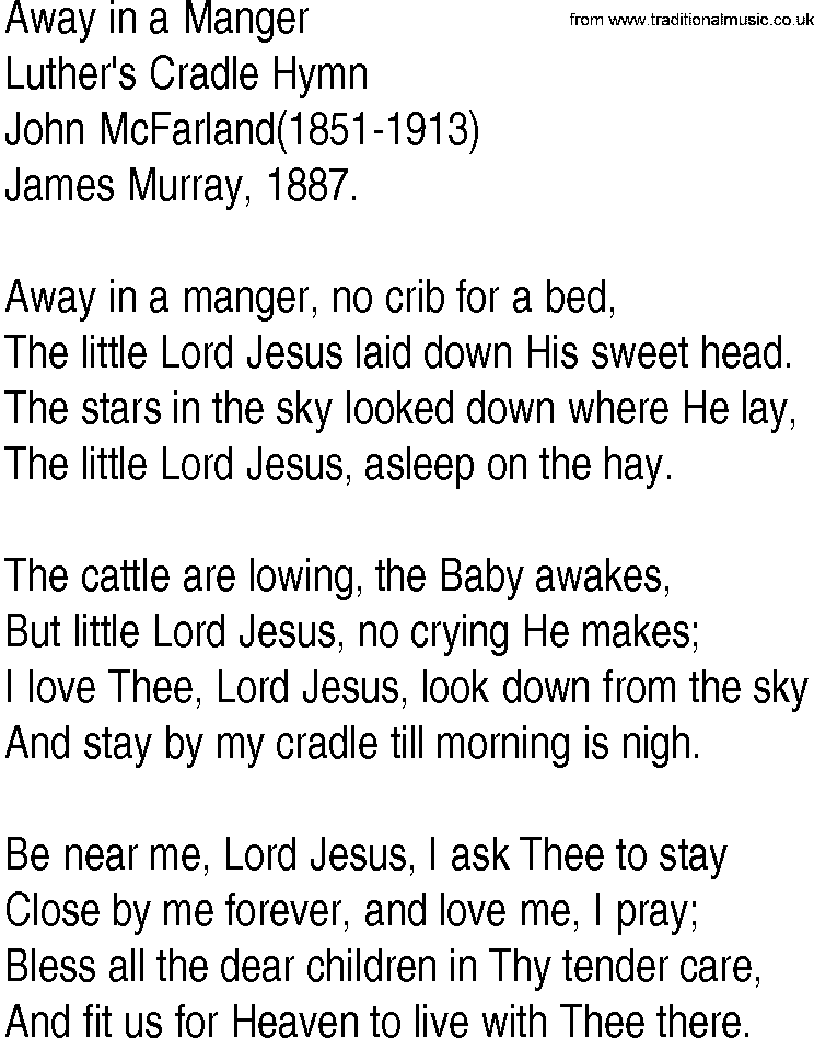 Hymn and Gospel Song Lyrics for Away in a Manger by John McFarland
