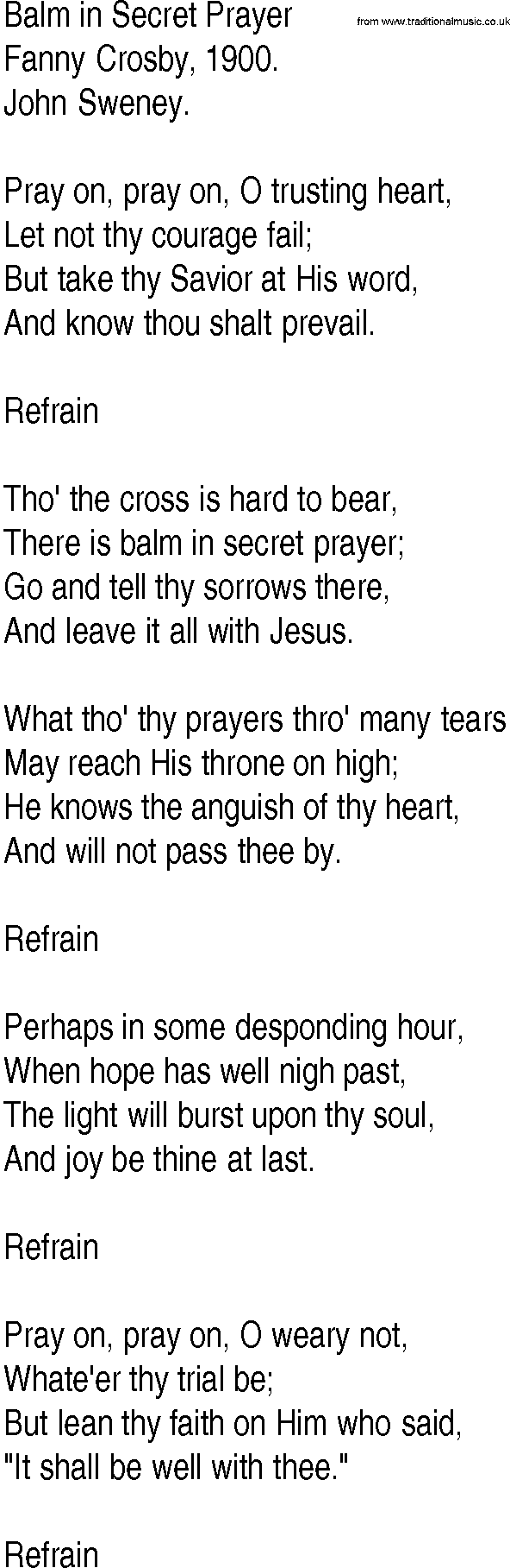 Hymn and Gospel Song: Balm in Secret Prayer by Fanny Crosby lyrics