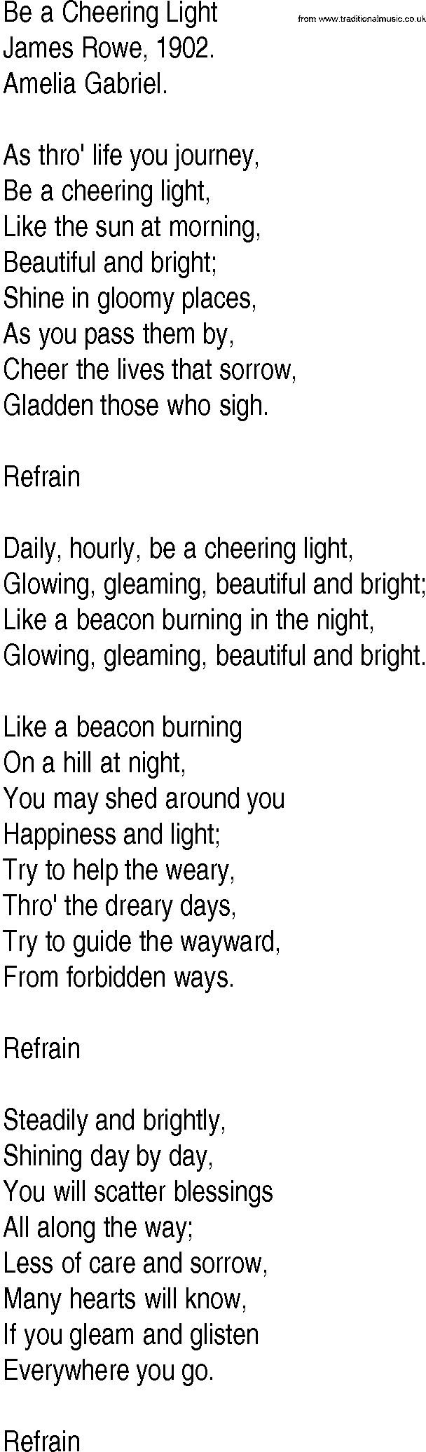 Hymn and Gospel Song: Be a Cheering Light by James Rowe lyrics