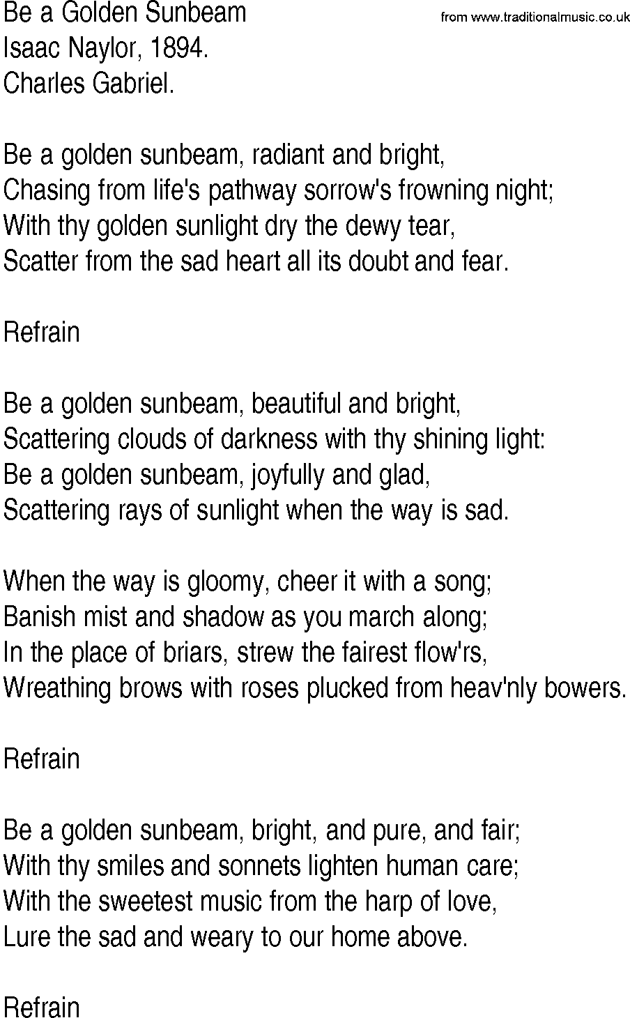 Hymn and Gospel Song: Be a Golden Sunbeam by Isaac Naylor lyrics