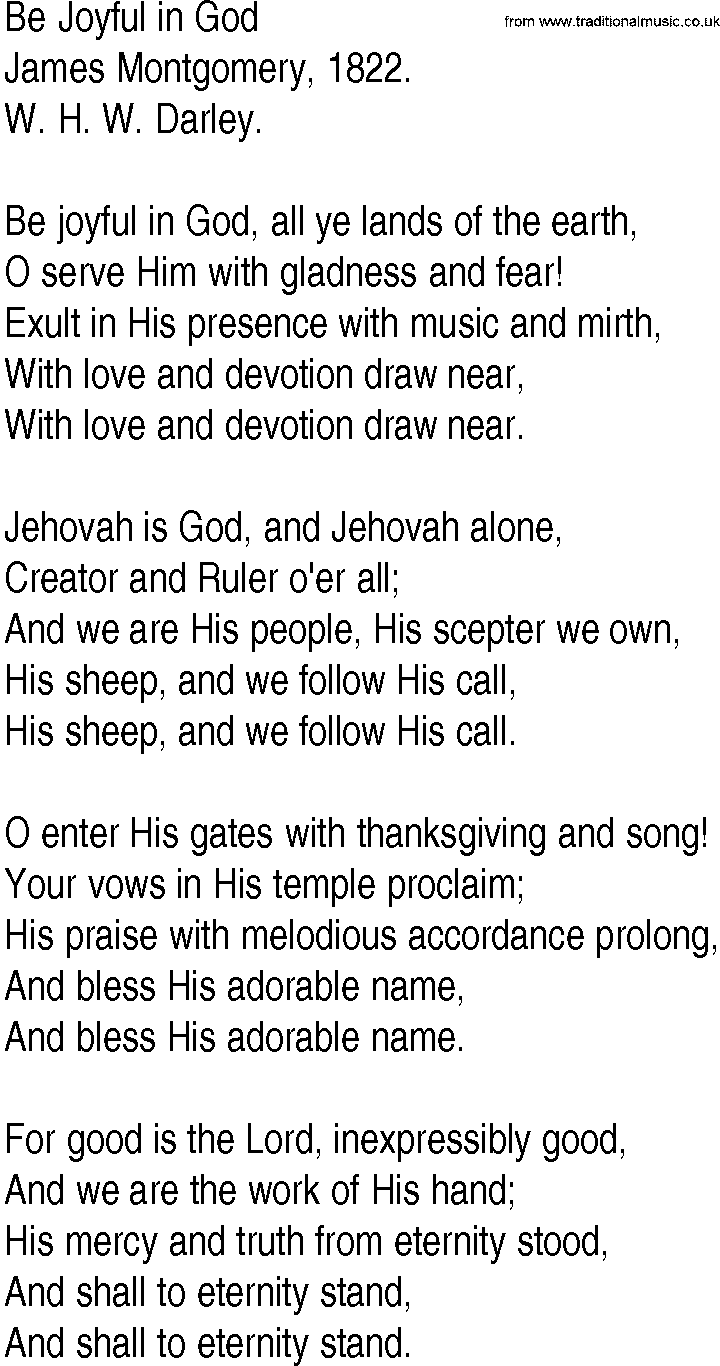 Hymn and Gospel Song: Be Joyful in God by James Montgomery lyrics