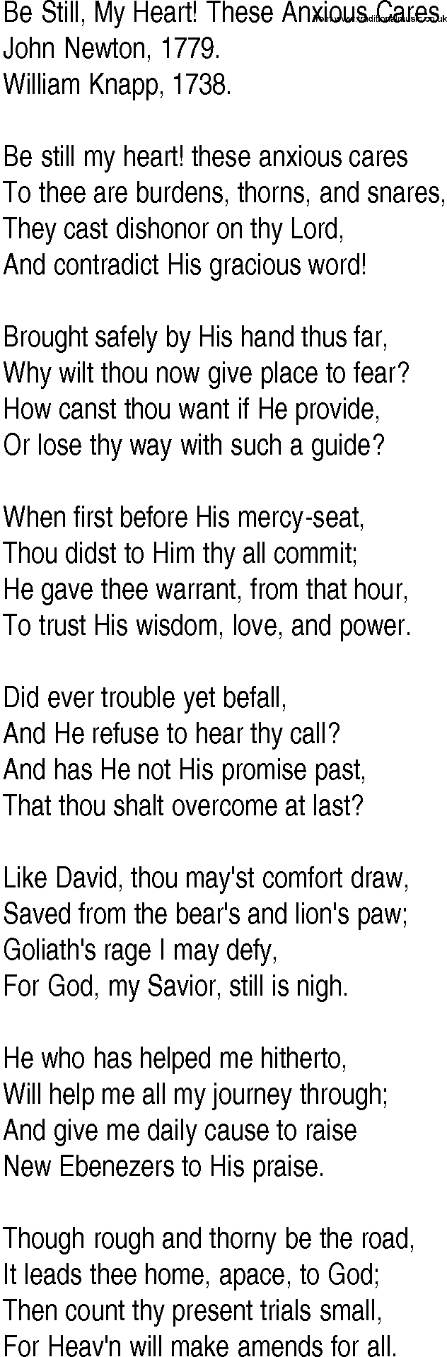 Hymn and Gospel Song: Be Still, My Heart! These Anxious Cares by John Newton lyrics