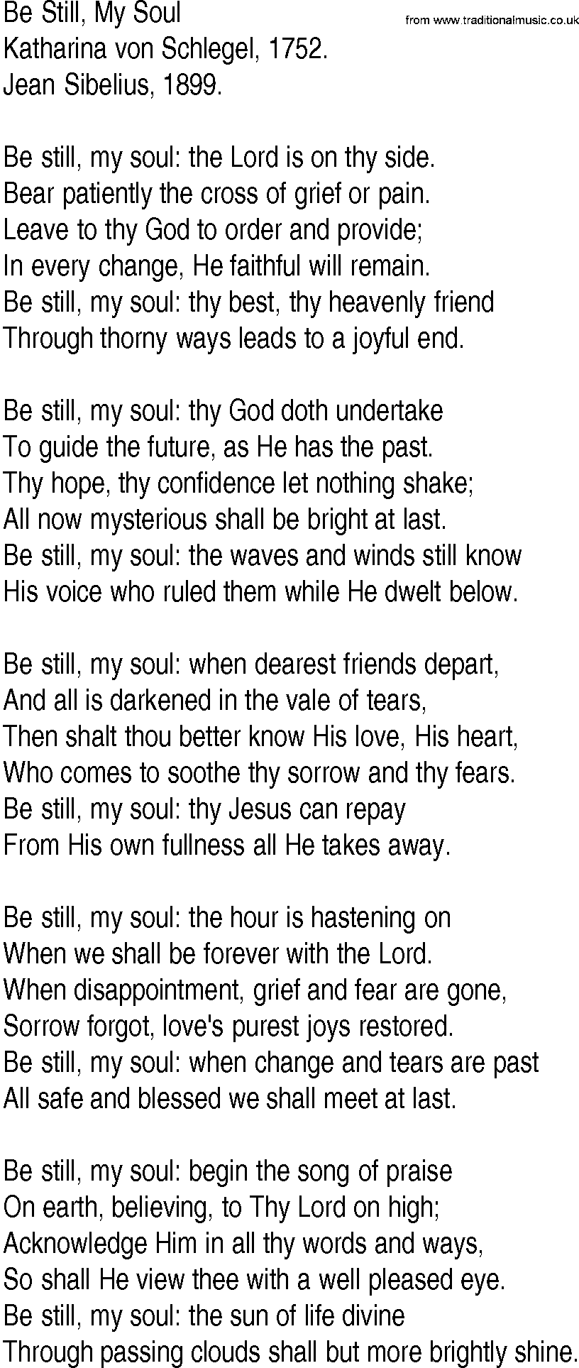 Hymn and Gospel Song: Be Still, My Soul by Katharina von Schlegel lyrics