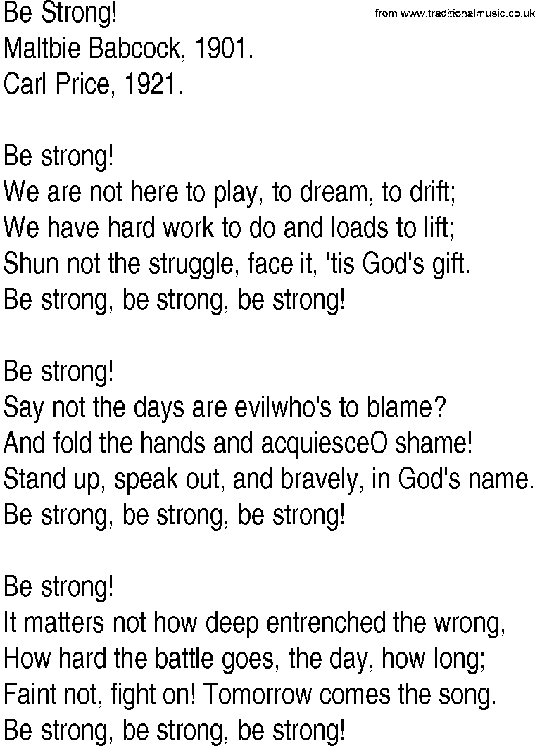 Hymn and Gospel Song: Be Strong! by Maltbie Babcock lyrics